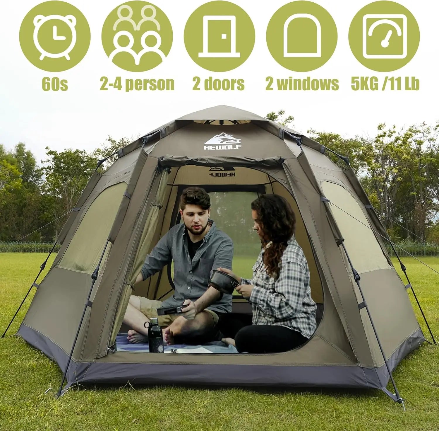 2/3/4 Person Camping Tent - Up Waterproof 2 DoTent with Easy Setup | 3-Season Hexagonal Dome Design