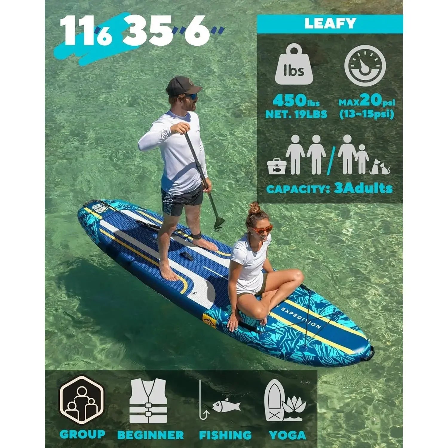 W_11'6*35" Super Wide Inflatable Paddle Board, Ultra Stable Stand Up Paddleboards for 450lb/3 People/Family/Big