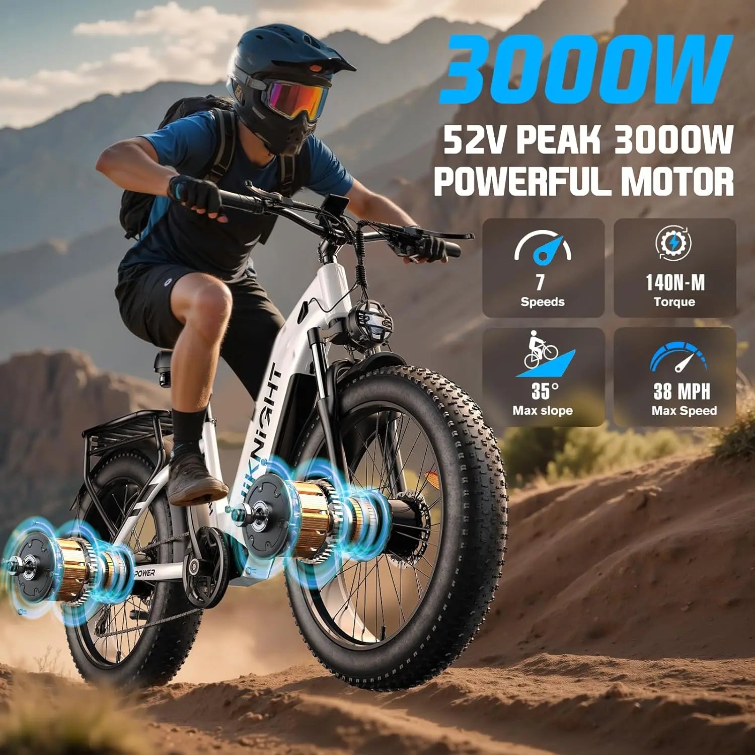 HIKNIGHT H2PRO Dual motor electric bicycle, 26 inch wide tire fast charging version, unisex off-road mountain electric bicycle