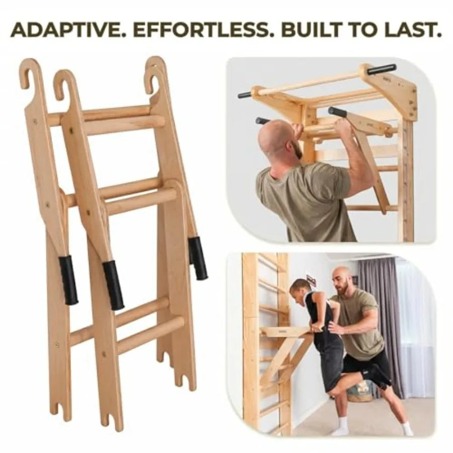 Swedish Ladder Wall Bars with Pull-Up Bar, Dip Station and Accessories for and Adults Wooden Stall Bars Home Gym with Gymnastic
