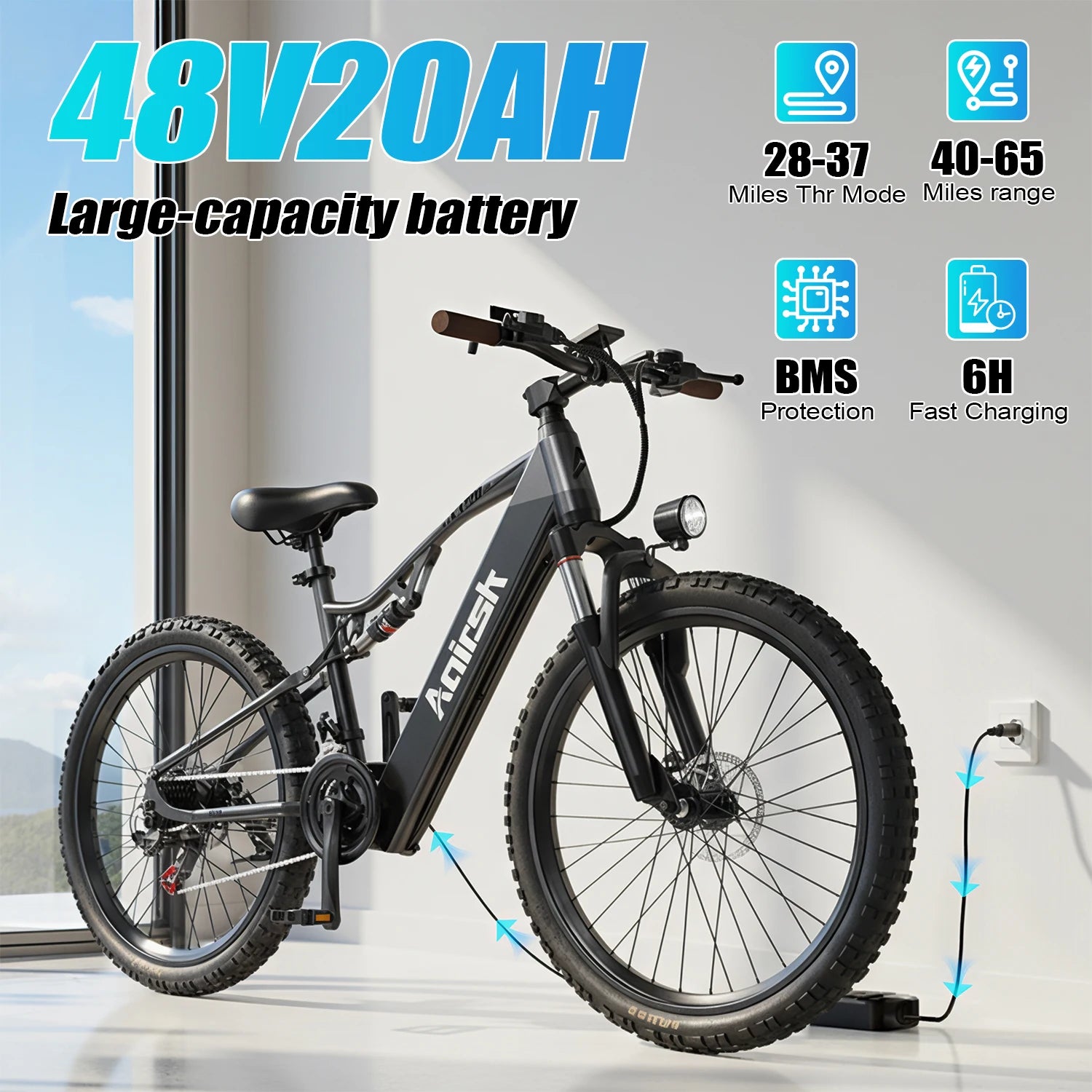 Aairsk XT90 Adult Travel Mountain Ebike 1500W Motor 48V 20Ah Battery Off-Road Electric Bicycle 26*2.6" Tire Snow Electric Bike