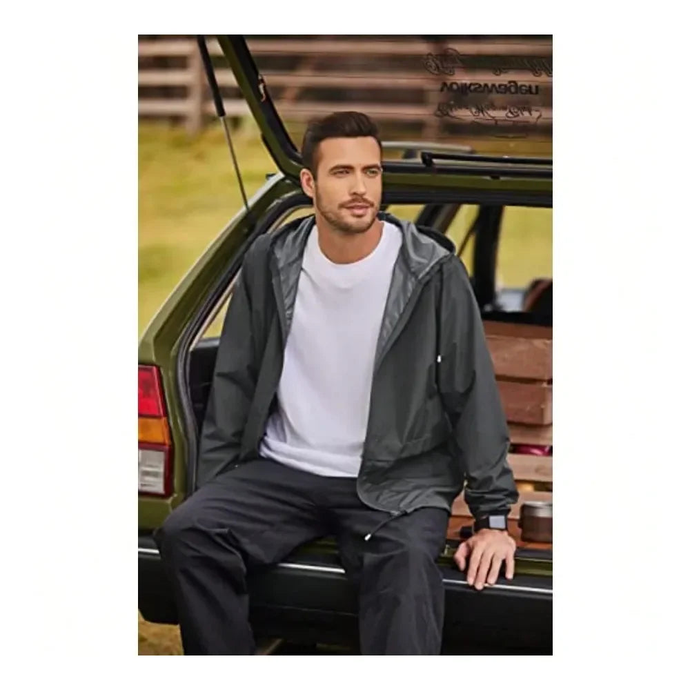 Mens Packable Rain Jacket Lightweight Waterproof Raincoat With Hood Outdoor Rain Gear Travel Hiking Cycling