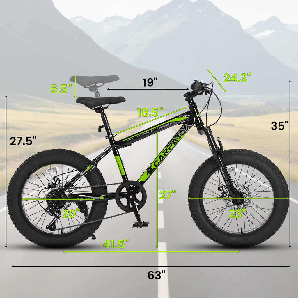 20 Inch Fat Tire Kids Mountain Bike, 4.0" Wide Non-Slip Fat Tires, 7-Speed Disc Brake, Boys Girls Outdoor Kids' Bicycles Gift