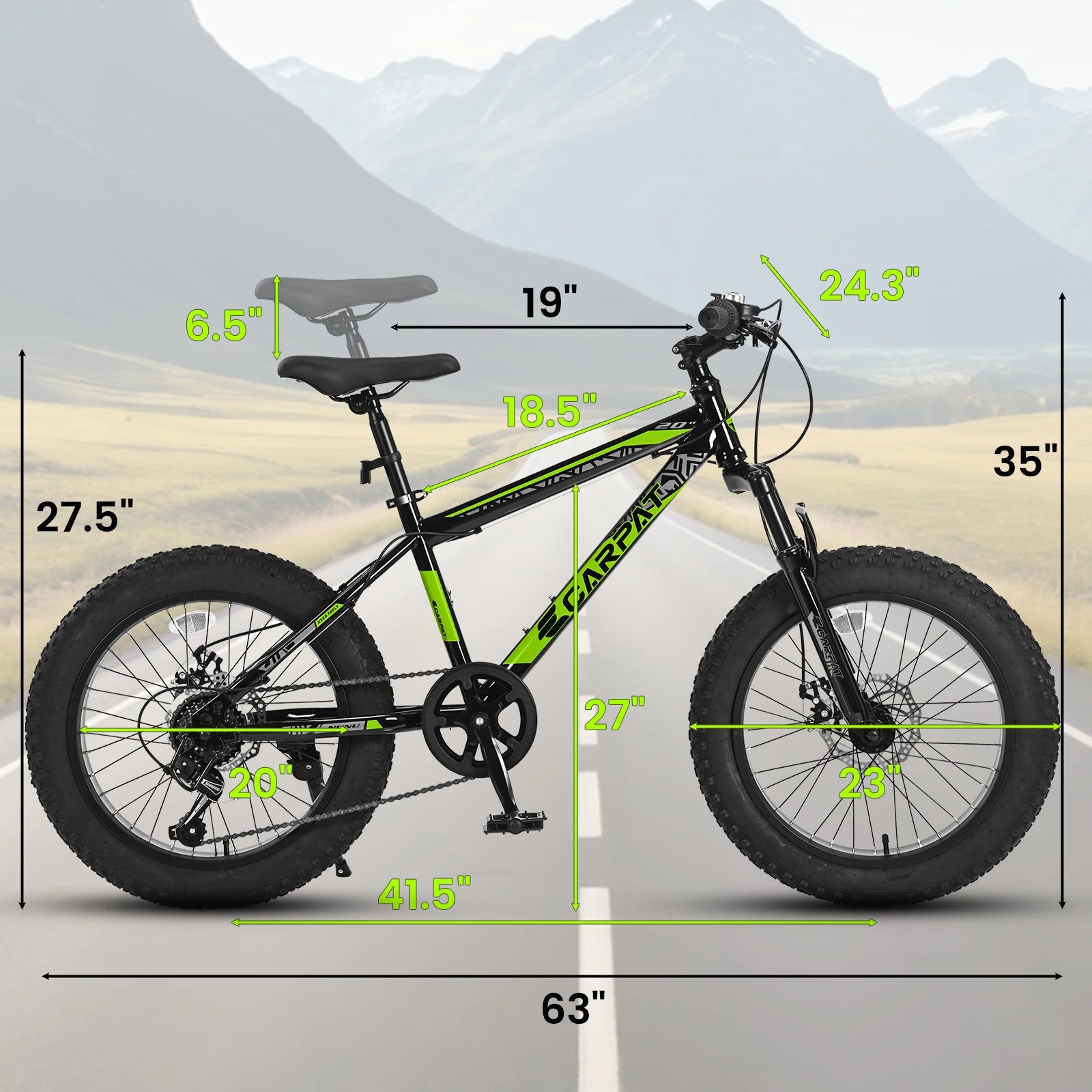 20 Inch Fat Tire Kids Mountain Bike, 4.0" Wide Non-Slip Fat Tires, 7-Speed Disc Brake, Boys Girls Outdoor Kids' Bicycles Gift