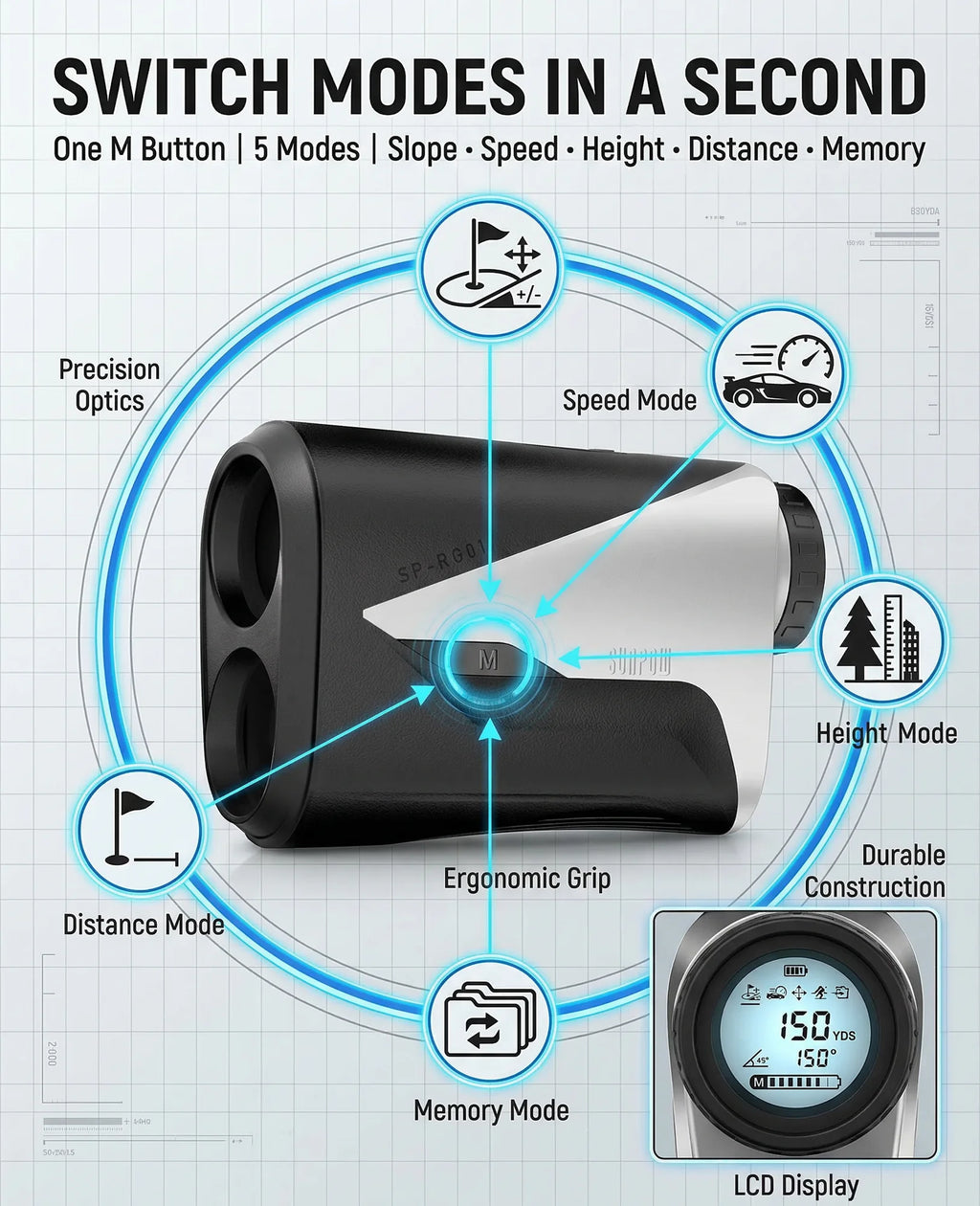 Golf Rangefinder with Slope -1000 Yards Range Finder with Flag Pole Locking Vibration-7X Magnification Rechargeable Golf Range Finders for Hunting