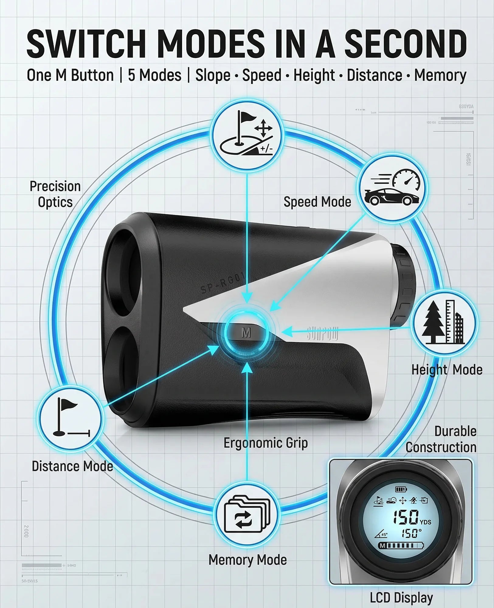 Golf Rangefinder with Slope -1000 Yards Range Finder with Flag Pole Locking Vibration-7X Magnification Rechargeable Golf Range Finders for Hunting