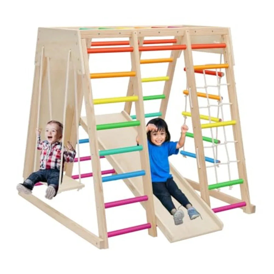 7 in 1 Pikler Indoor Playground Jungle Gym Playset, Wooden Montessori Climber with Slide, Rock Climb Wall, Monkey Bars, Rope La