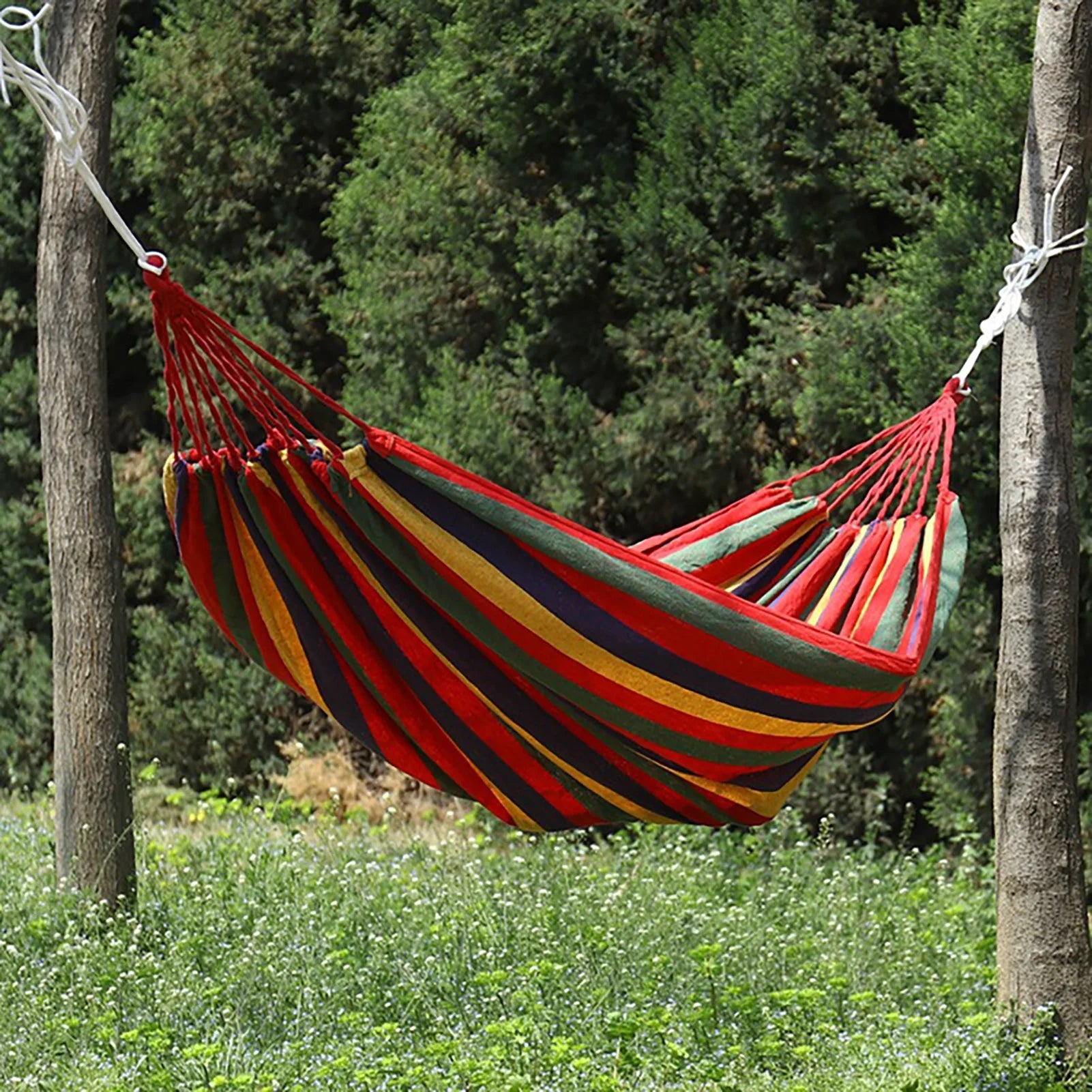 Single Double Hammock Polyester Cotton Sturdy Garden Hammock Suspension System Comfortable Up To 440.9lb Compact for Patio