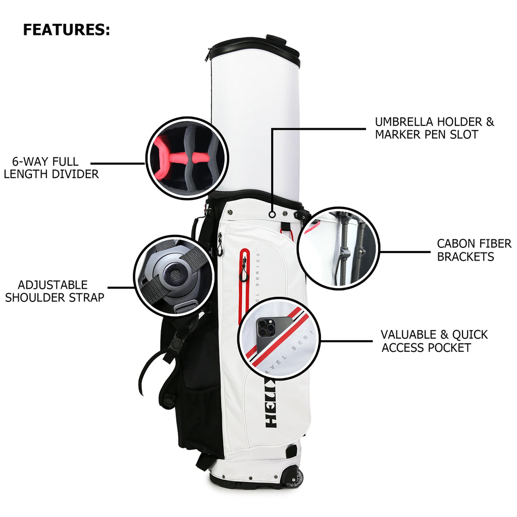 HELIX Golf Stand Bag with Retractable Top Cover and Wheels Easy for Travel and Daily Use Golf Bag 6 Way Divider