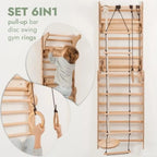 6-in-1 ground for Wooden, Climbing Ladder, Slide, Swing, Gymnastics Rings, Rock Climbing Wall Jungle Gym Play Set for Ages 2-12