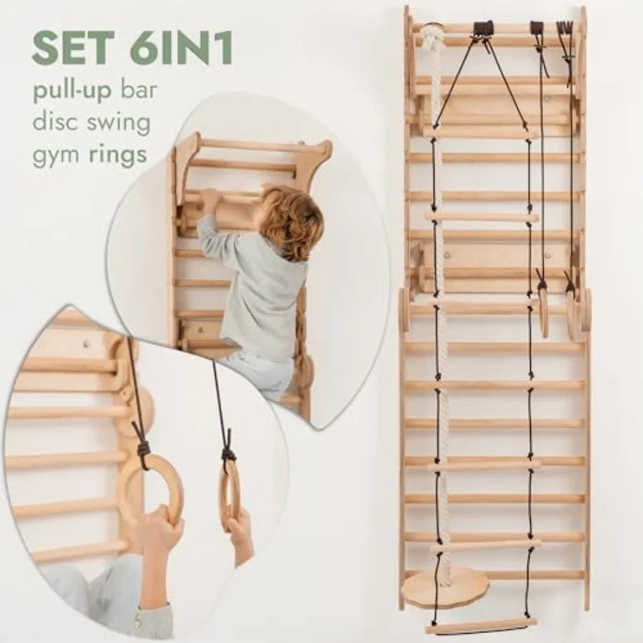 6-in-1 ground for Wooden, Climbing Ladder, Slide, Swing, Gymnastics Rings, Rock Climbing Wall Jungle Gym Play Set for Ages 2-12