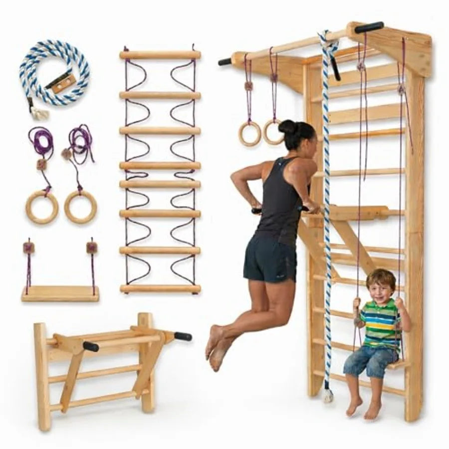 Swedish Ladder Wall Bars with Pull-Up Bar, Dip Station and Accessories for and Adults Wooden Stall Bars Home Gym with Gymnastic