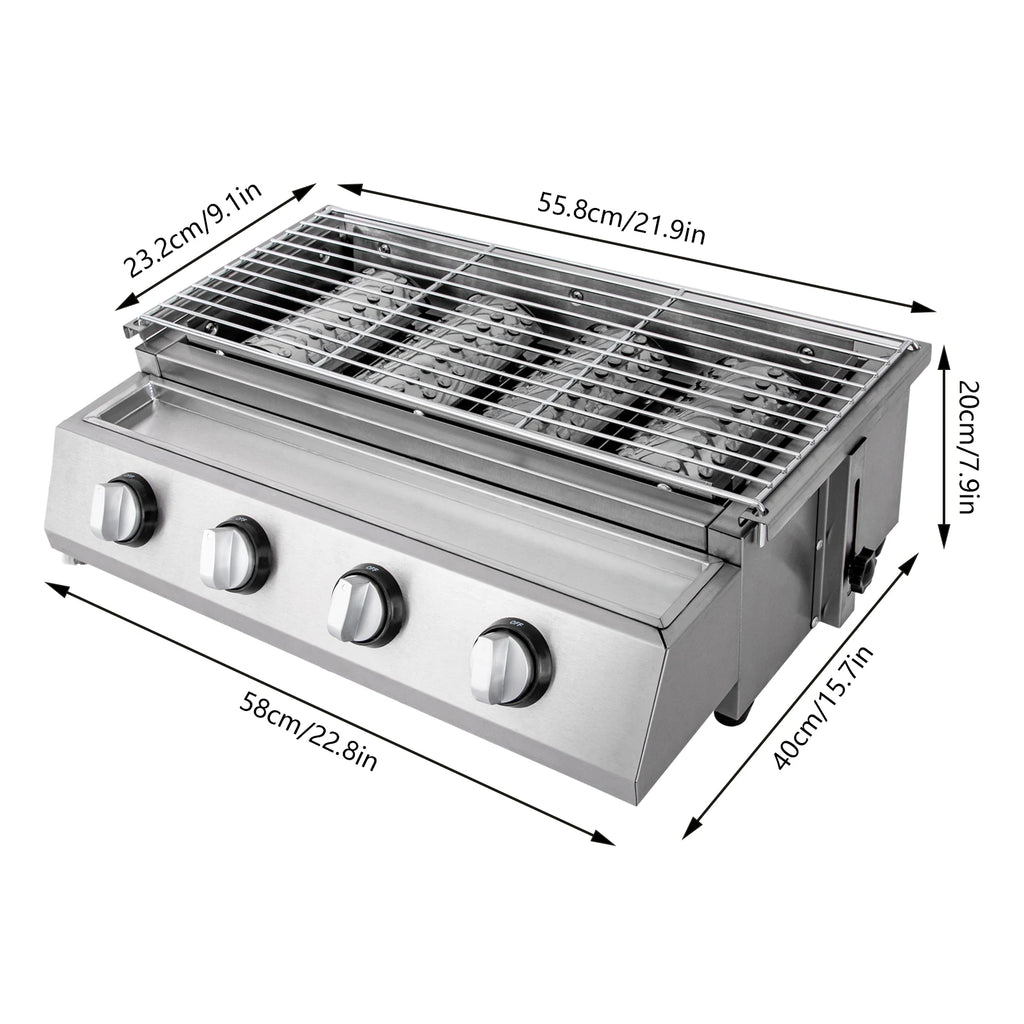 Professional 4-Burner Stainless Steel Portable Tabletop Propane/LPG Gas Grill ,Smokeless for Camping & Indoor/Outdoor BBQ