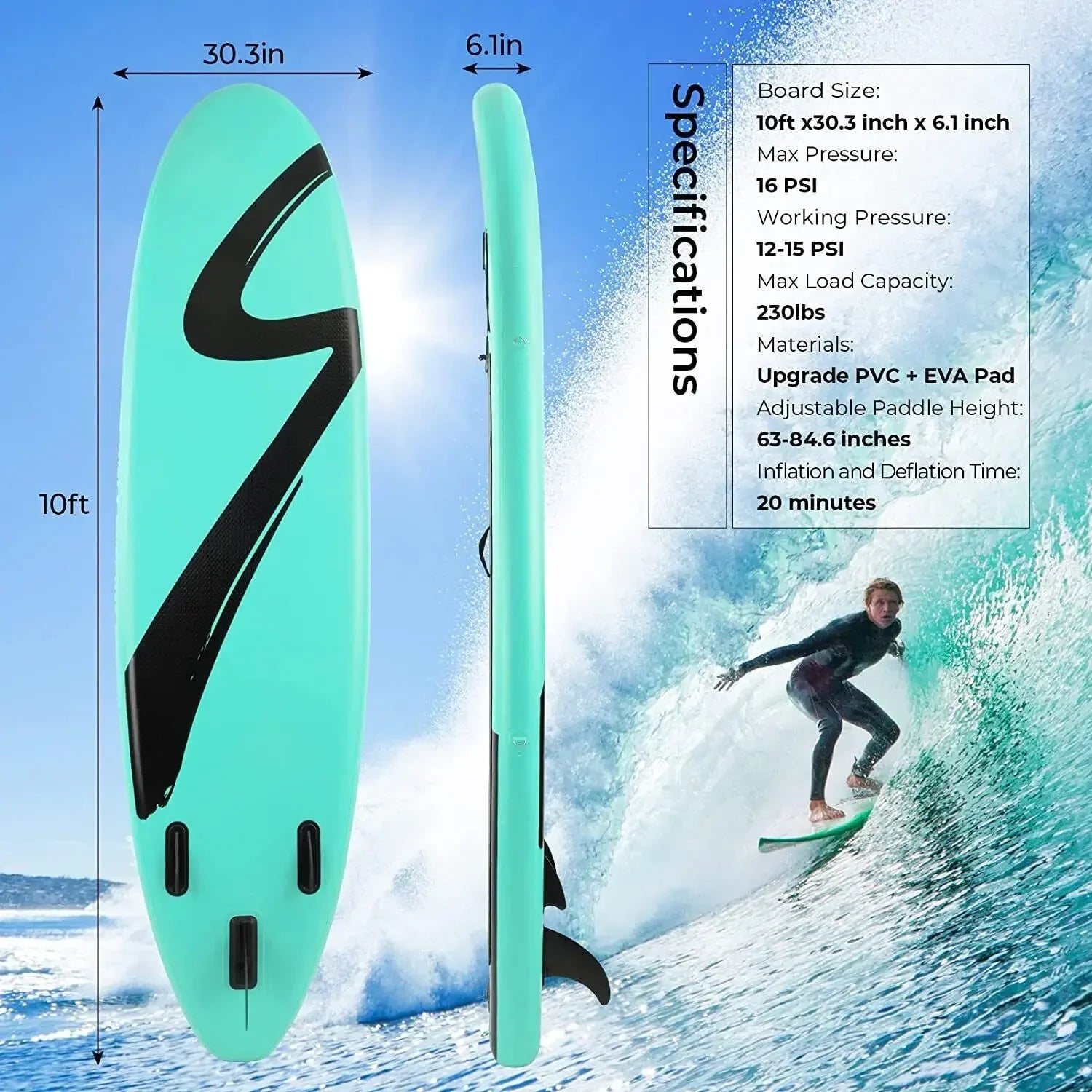 305CM Inflatable Stand Up Paddle Board  Non-Slip Deck W/ Complete Kit 15.5cm Thick Sub Board Paddle Surf Hinchable