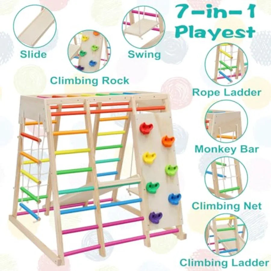 7 in 1 Pikler Indoor Playground Jungle Gym Playset, Wooden Montessori Climber with Slide, Rock Climb Wall, Monkey Bars, Rope La