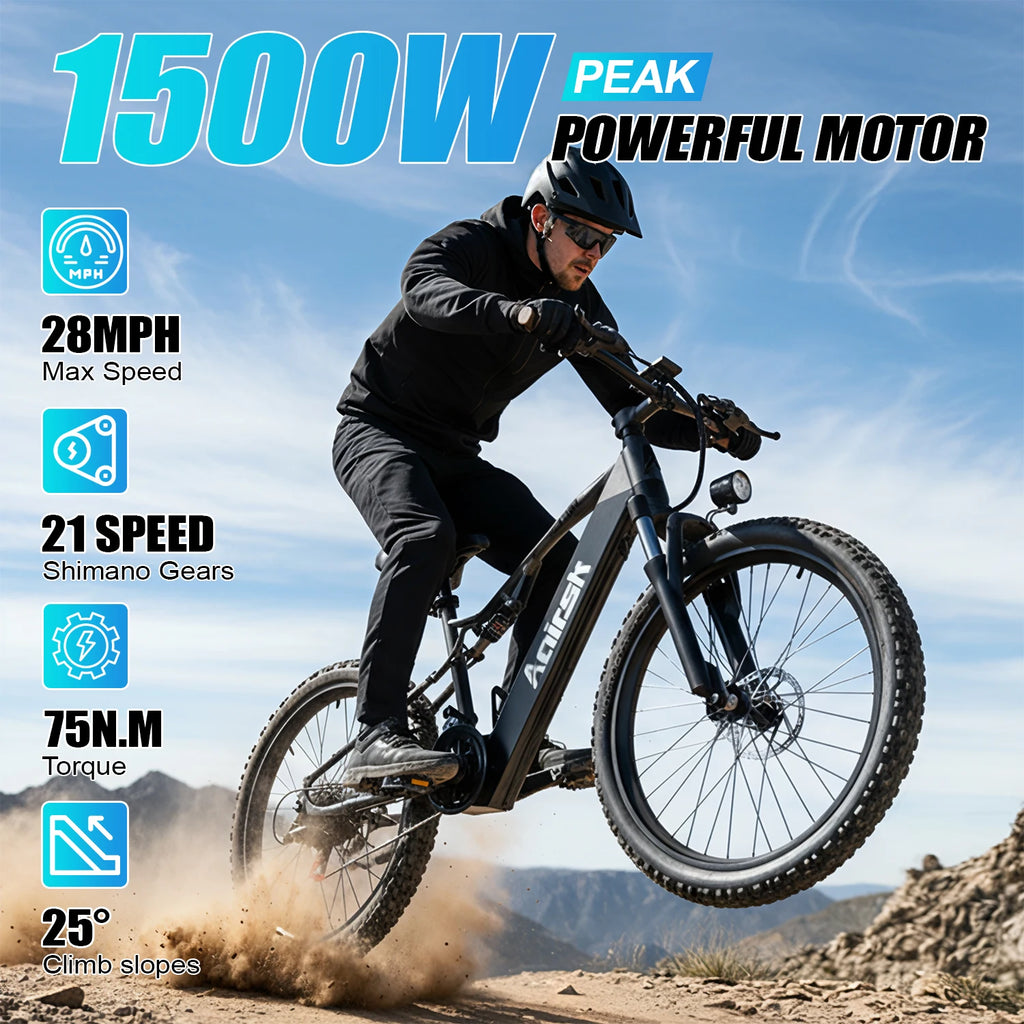 Aairsk XT90 Adult Travel Mountain Ebike 1500W Motor 48V 20Ah Battery Off-Road Electric Bicycle 26*2.6" Tire Snow Electric Bike