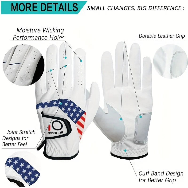 Mens Golf Gloves 2 PCS Left Hand For Right Handed Golfer Leather All Weather Grip Soft Breathable Flexible for Golfers