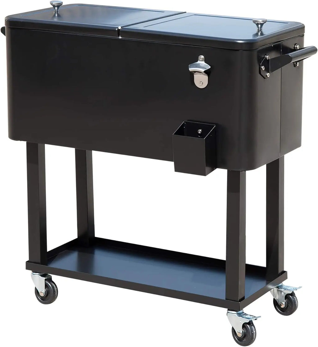 80 QT Rolling Cooling Bins Ice Chest on Wheels Outdoor Stand Up Drink Cooler Cart for Party, Black