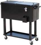 80 QT Rolling Cooling Bins Ice Chest on Wheels Outdoor Stand Up Drink Cooler Cart for Party, Black