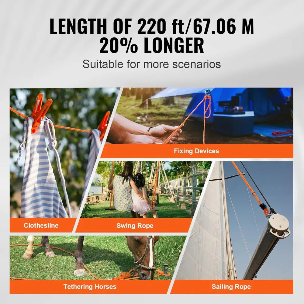 Double Braided Polyester Rope 1/2in x 220ft 8000LBS Breaking Strength Outdoor Climbing Arborist Rigging Orange/Black