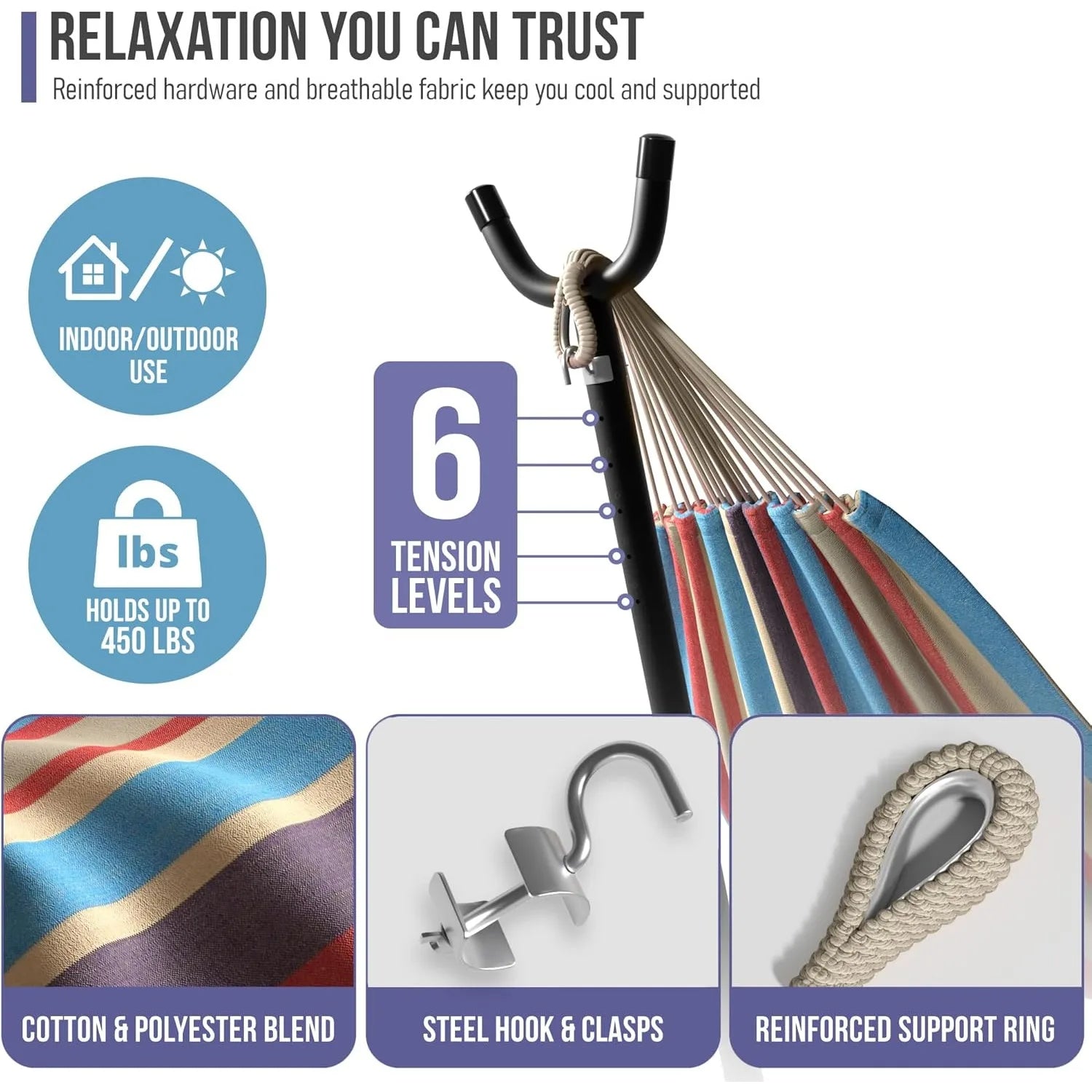 450-lb Cotton-Blend Double Hammock, 60" Bed, Portable Carry Case—Perfect for Patio, Garden or Camping