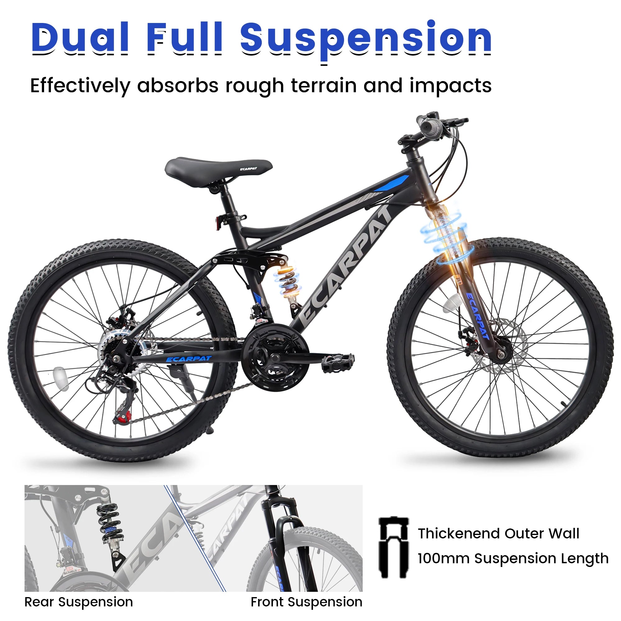 Ecarpat Dual Full Suspension Mountain Bike 24/26/27.5 Inch, Mens Women Teenagers Boy Girl Mountain Bike, 21-Speed