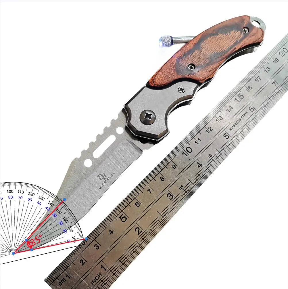 LED Light Folding Blade Knife with Wooden Handle for Hunting