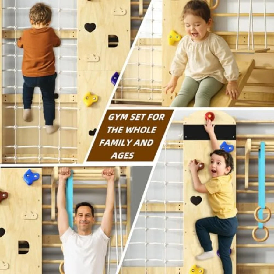 Indoor Climbing Wall, 10-in-1 Swedish Ladder, Indoor Playground for and Adults, Rock Climbing Wall, Wooden Swing Sets, Gymnasti