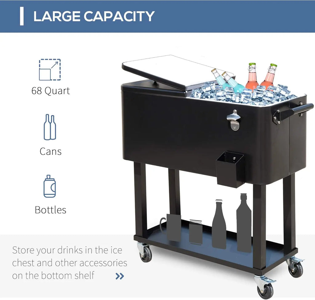 80 QT Rolling Cooling Bins Ice Chest on Wheels Outdoor Stand Up Drink Cooler Cart for Party, Black