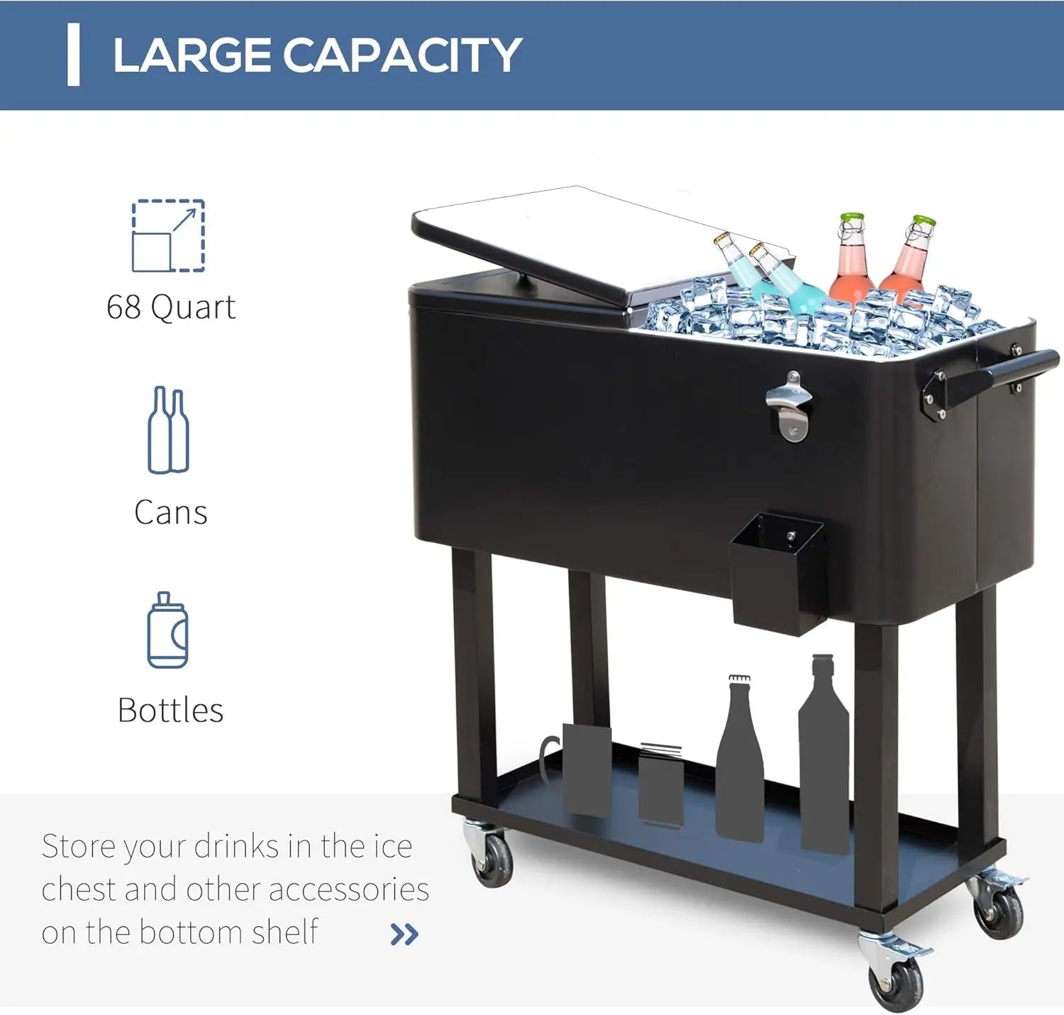 80 QT Rolling Cooling Bins Ice Chest on Wheels Outdoor Stand Up Drink Cooler Cart for Party, Black