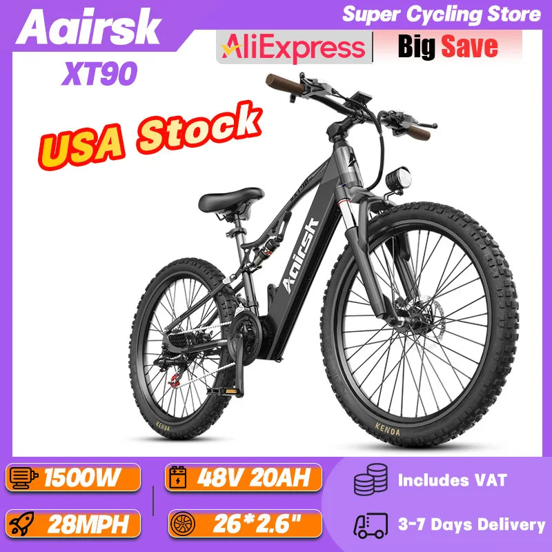 Aairsk XT90 Adult Travel Mountain Ebike 1500W Motor 48V 20Ah Battery Off-Road Electric Bicycle 26*2.6" Tire Snow Electric Bike