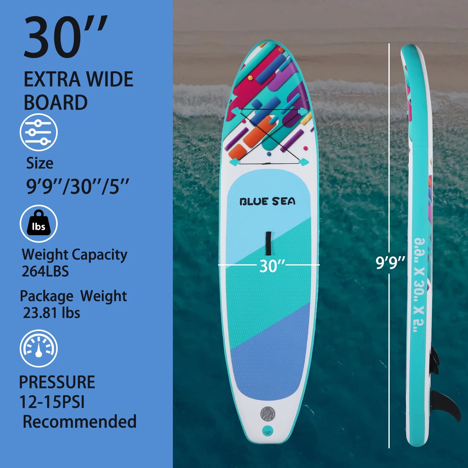Stand Up Paddle Board 9.9ft x 30in Stable & Lightweight Inflatable SUP for Adults with Full Accessories: Pump, Paddle, and Bag.