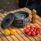 3PCS Outdoor Camping Pot Set Pot Pan Kettle Set Portable Cooker Set with Mesh Bag for Camping Backpacking Outdoor Cooking Picnic