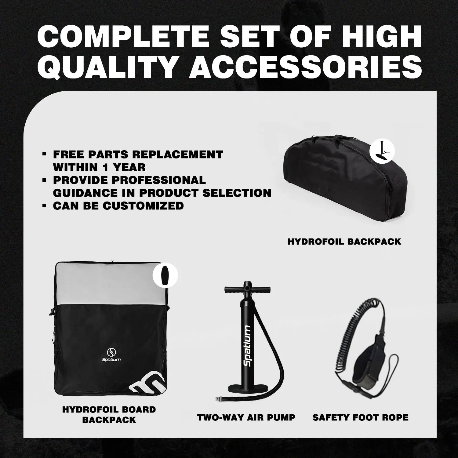 Spatium Hydrofoil Board for Surfing with Hydrofoil Accessories Inflator Pump, Backpack, Safe Leash, Fix Kit Hydrofoil Gray