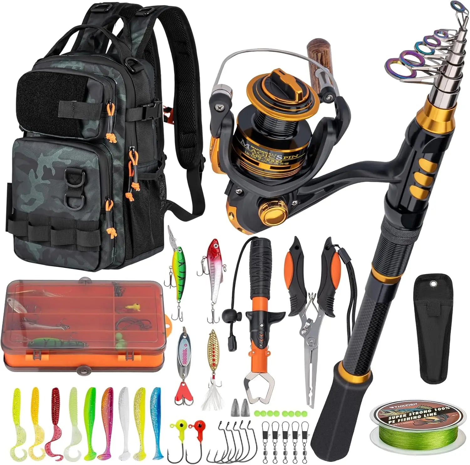 Fishing Rod and Combo with Backpack, Telescoping Fishing Pole Spinning Kit with Fishing Lures, Pliers