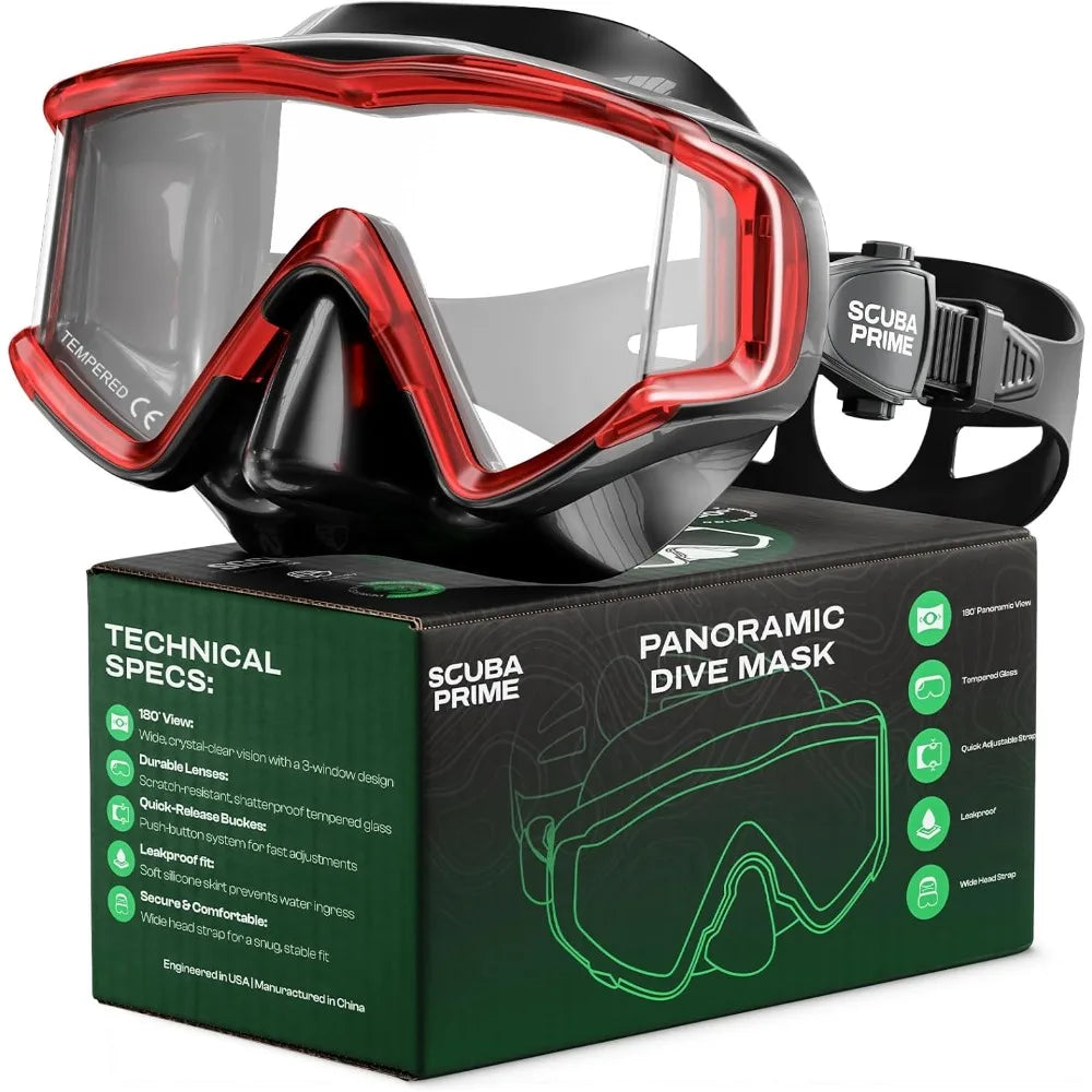 Pano 3 Scuba Diving Mask, Tempered Glass Snorkel Mask Three-Window Scuba Mask No Leak Dive Mask Silicone