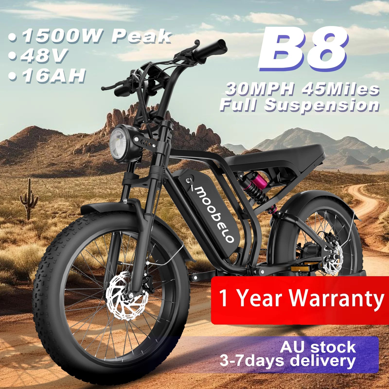Moobelo B8 All-Weather Winter E-Bike 1500W Peak 30MPH High-Speed Full Suspension Commuter/Off-Road Snow Ebike 1-Year Warranty