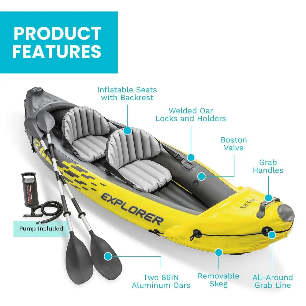 68307EP Explorer K2 Inflatable Kayak Set Deluxe 86in Kayak Paddles and HighOutput Pump Adjustable Seats with Backrest Removable