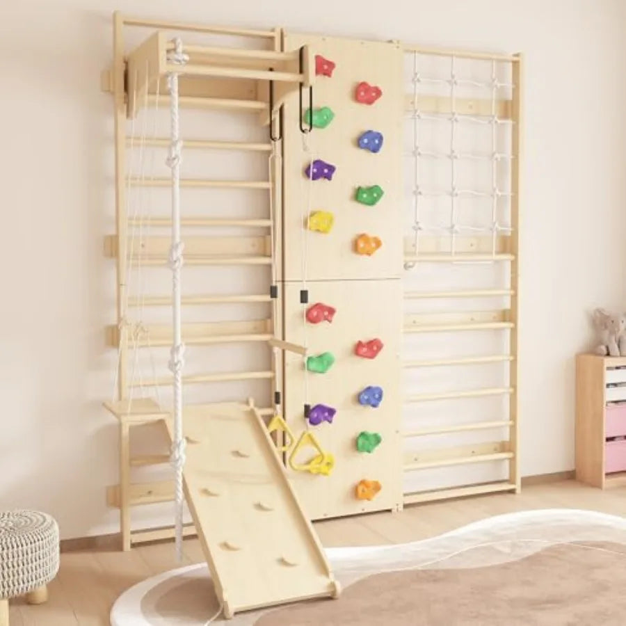 9-in-1 Swedish Ladder Wall Gym and Climber, 94.5'' Wooden Wall-Mounted Climbing Set with Double-Sided Slide, Swing, Rope, Rings