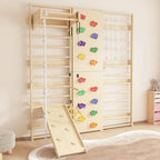 9-in-1 Swedish Ladder Wall Gym and Climber, 94.5'' Wooden Wall-Mounted Climbing Set with Double-Sided Slide, Swing, Rope, Rings