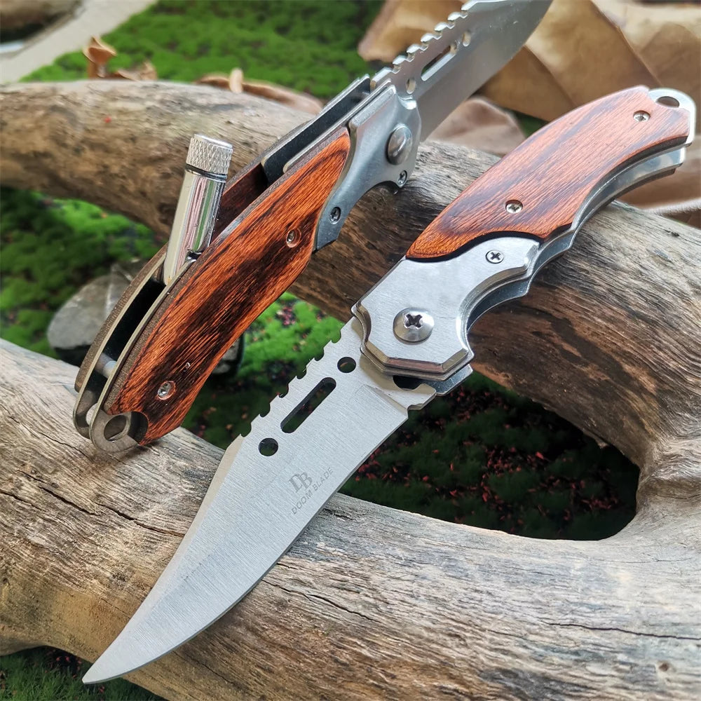 LED Light Folding Blade Knife with Wooden Handle for Hunting