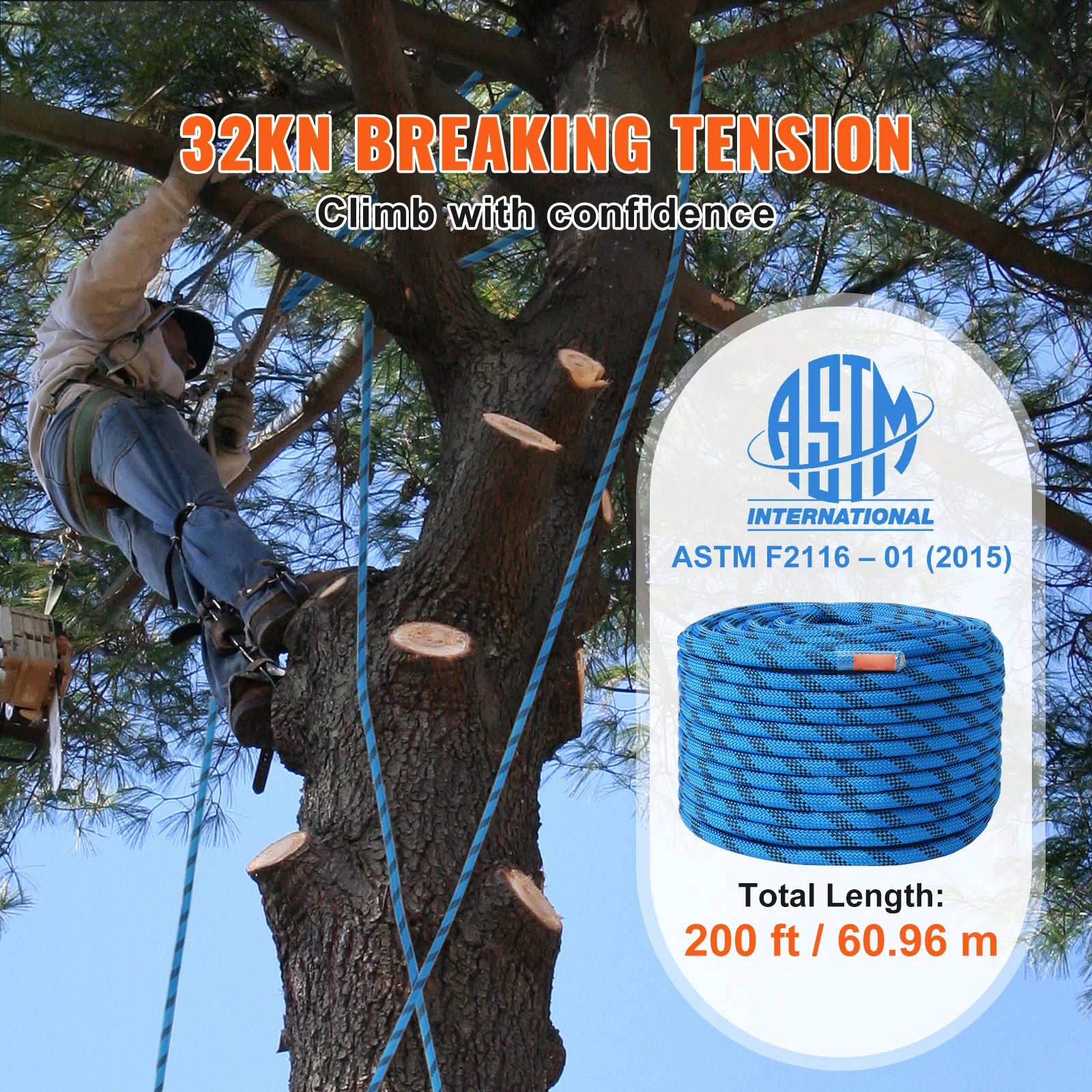 SucceBuy 12.7mm Static Climbing Rope 125/150/200 ft Outdoor Climbing Rope 30KN Breaking Tension Fiber Rope w/ Steel Snap Hooks