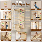 9-in-1 Swedish Ladder Wall Gym and Climber, 94.5'' Wooden Wall-Mounted Climbing Set with Double-Sided Slide, Swing, Rope, Rings