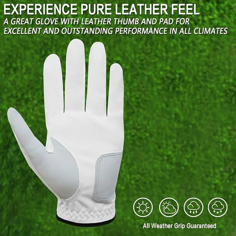 Mens Golf Gloves 2 PCS Left Hand For Right Handed Golfer Leather All Weather Grip Soft Breathable Flexible for Golfers
