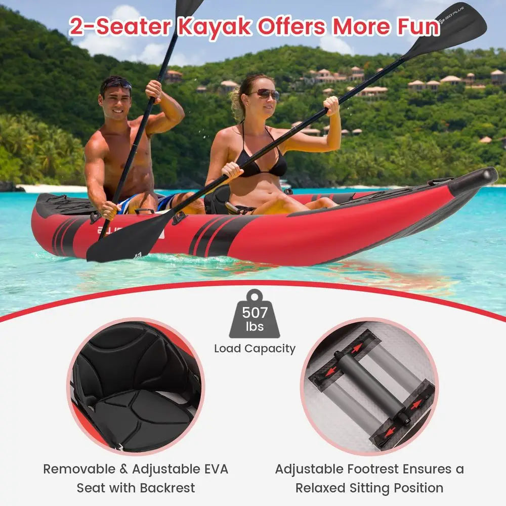 Tandem Inflatable Kayak, 12.5FT 2Person Kayak for Adults w 507 LBS Weight Capacity, 2 Aluminium Oars, Padded Seat, 2 Fins, Hand