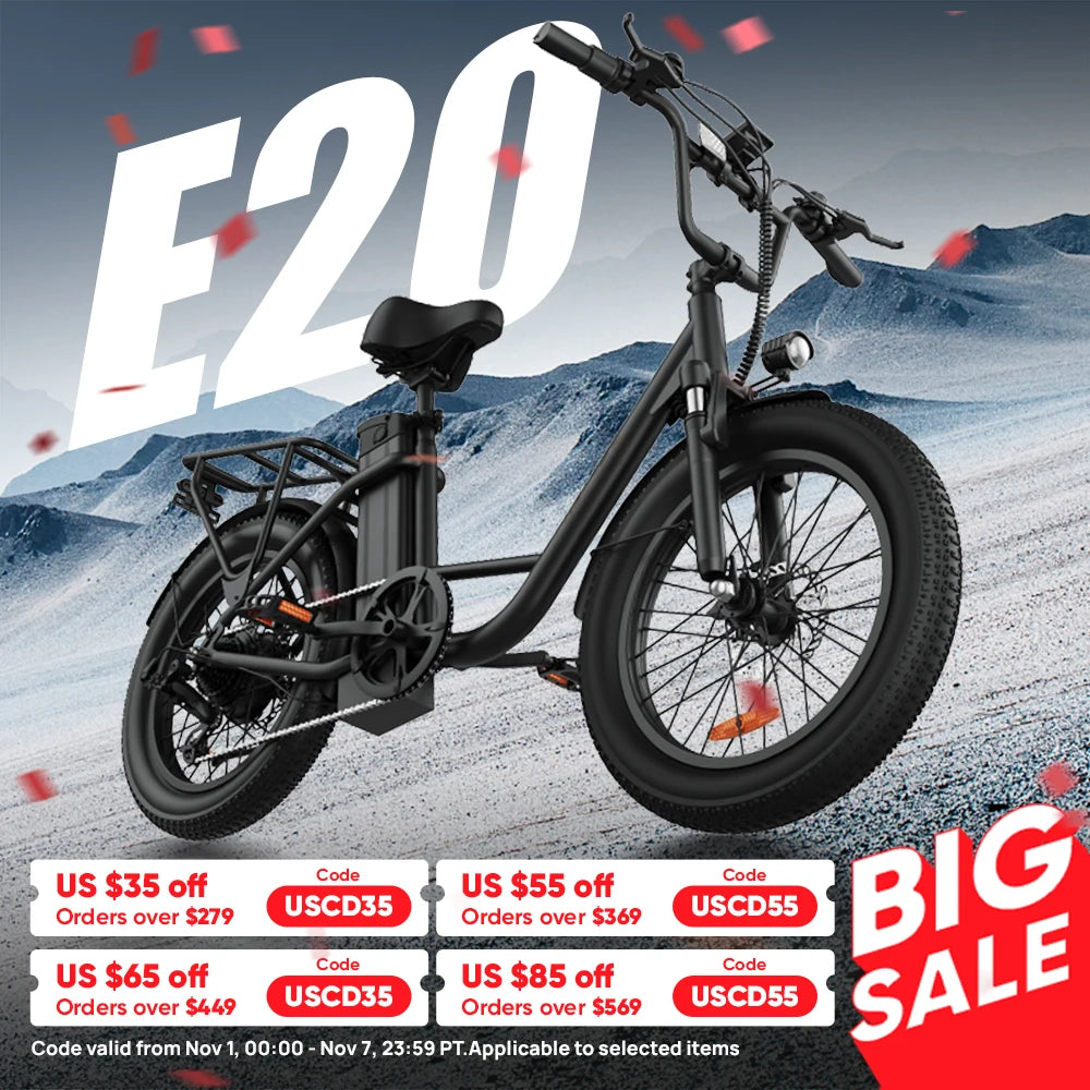 URLIFE 1000W E20 Electric Bike | 48V 13Ah Removable Battery, 20MPH, 20''X3" Fat Tire, 7-Speed E-Bike with Dual Disc Brake