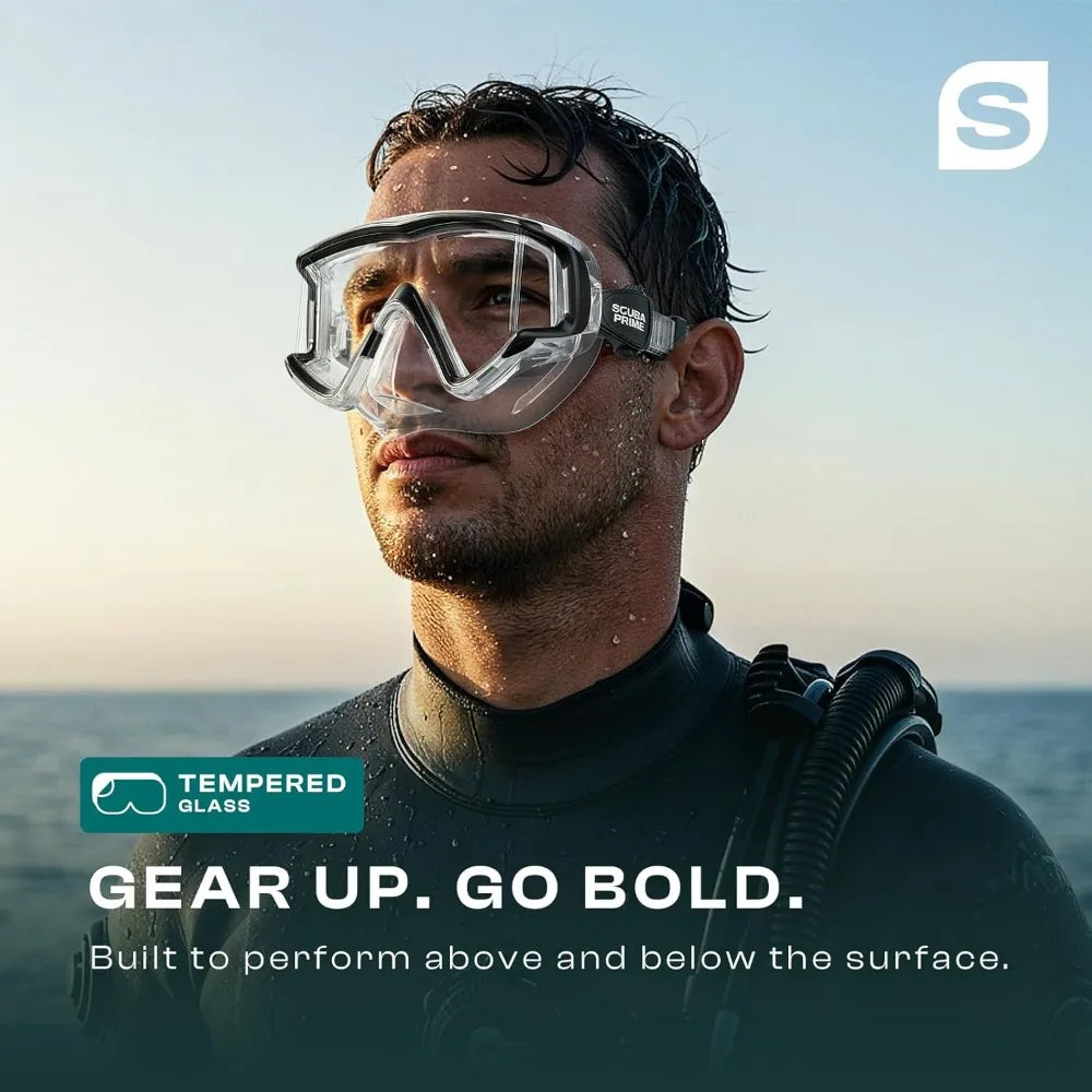 Pano 3 Scuba Diving Mask, Tempered Glass Snorkel Mask Three-Window Scuba Mask No Leak Dive Mask Silicone