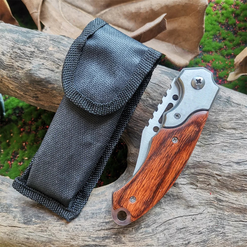 LED Light Folding Blade Knife with Wooden Handle for Hunting
