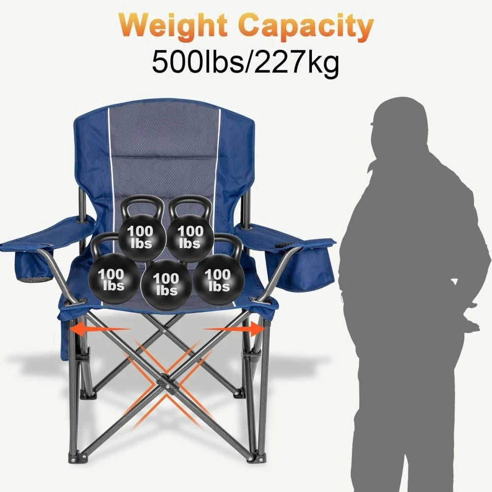 Oversized Camping Chairs,Heavy Duty Support 500 LBS,Padded Back & Arm Sport Chairs, Cup Holder Cooler Bag