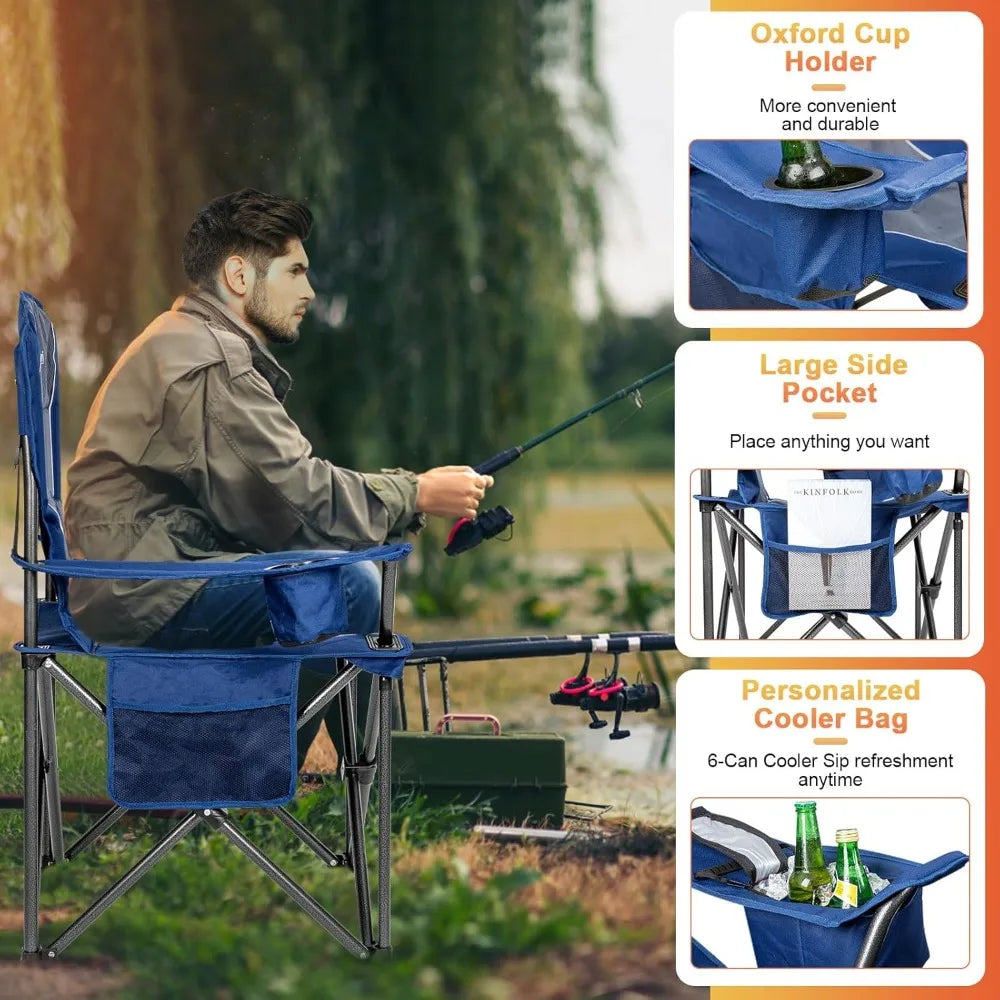 Oversized Camping Chairs,Heavy Duty Support 500 LBS,Padded Back & Arm Sport Chairs, Cup Holder Cooler Bag